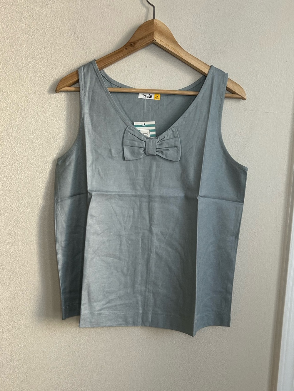 NWT Tulip B Linen Cotton Women's Light Grey Blue Bow-Accent Tank Top